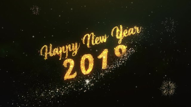 Happy New Year 2019 Greeting Text Made from Sparklers Light Dark Night Sky With Colorfull Firework.
