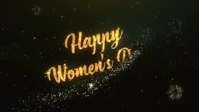 Happy Women Day Greeting Text Made from Sparklers Light Dark Night Sky With Colorfull Firework.
