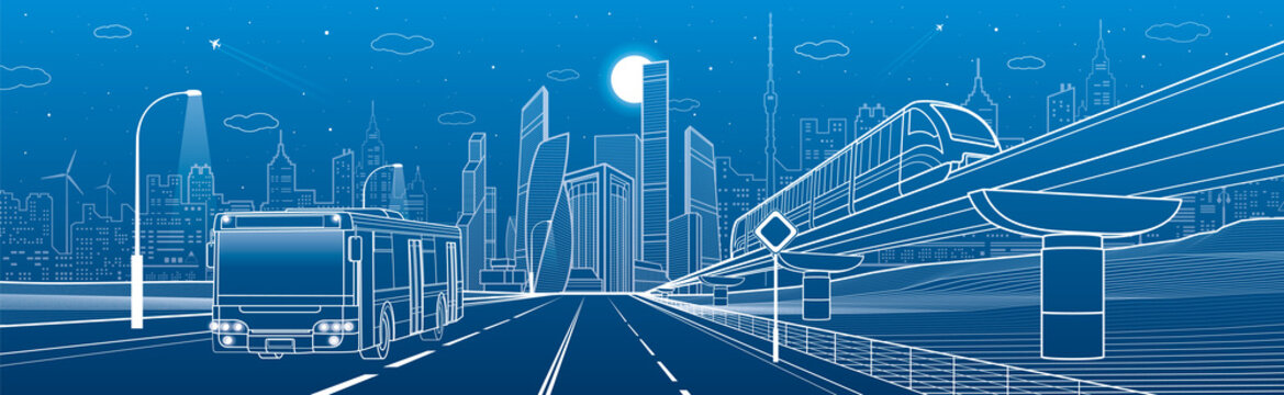 City infrastructure and transport panorama. Monorail railway. Train move over flyover. Modern night city. Airplane fly. Towers and skyscrapers. White lines on blue background, vector design art