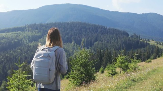 Young brunette woman hiking backpack mountains landscape path walking back view green forest background girl summer vacation holidays nature recreation sunny day hill hillside hike top peak adventure