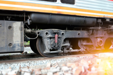 Old train wheel on a track, view of the wheels of a train