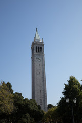 tower with clock in blue sky with trees