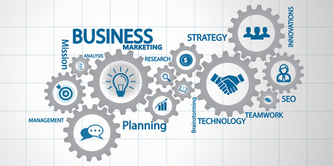 Marketing mechanism concept. Abstract background with connected gears and icons for strategy, service, analytics, research, seo,digital marketing, communicate concepts. Vector infographic illustration