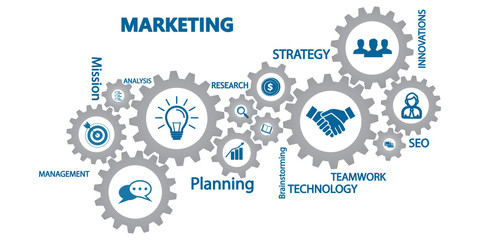Marketing mechanism concept. Abstract background with connected gears and icons for strategy, service, analytics, research, seo,digital marketing, communicate concepts. Vector infographic illustration