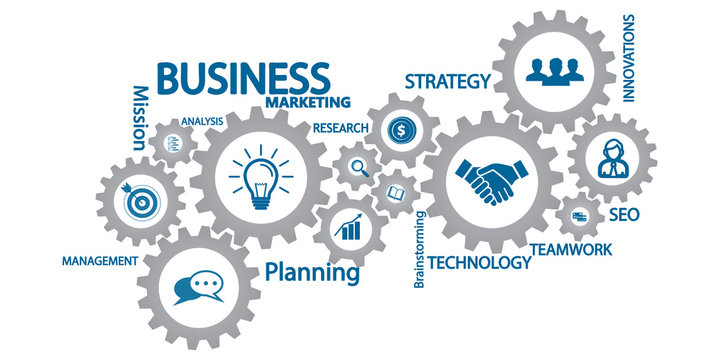 Marketing mechanism concept. Abstract background with connected gears and icons for strategy, service, analytics, research, seo,digital marketing, communicate concepts. Vector infographic illustration