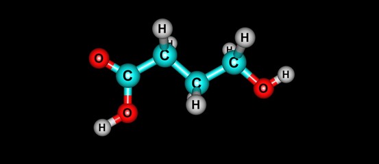 Hydroxybutyric acid molecular structure isolated on black