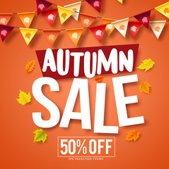 Autumn sale vector banner design with fall season maple leaves and colorful hanging streamers  background for store marketing promotions. Vector illustration.
