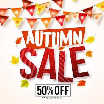 Autumn sale vector banner design with colorful hanging streamers and fall season maple leaves in white background for store marketing promotions. Vector illustration.
