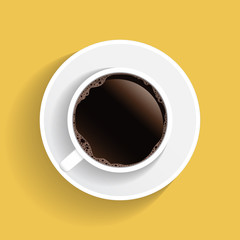 Realistic top view white coffee cup and saucer isolated on yellow background. illustration