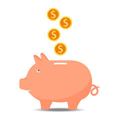 Piggy bank with coin vector illustration. Icon saving or accumulation of money, investment. Icon piggy bank in a flat style, isolated from the background. The concept of banking or business services.