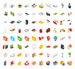 Big set of isometric volumetric of icons on a theme of computer technology and office equipment.