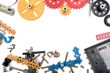 Kids construction toys tools , Colorful toy tools, construction on white background. Top view.