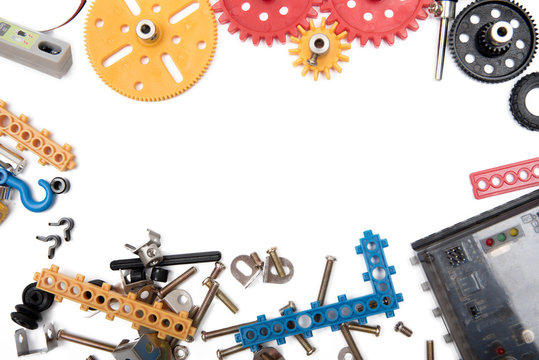 Kids Construction Toys Tools , Colorful Toy Tools, Construction On White Background. Top View.