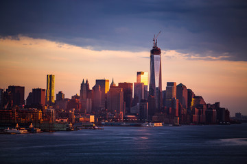 Downtown Manhattan across the Hudson River at dusk, New York City.