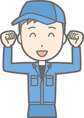 Illustration that a man wearing work clothes raises his hands and laughs