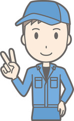 Illustration that a man wearing work clothes is peace sign