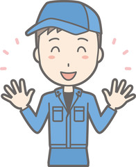 Illustration that a man wearing work clothes opens her hand and is laughing