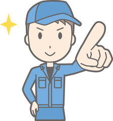 Illustration that a man wearing work clothes points towards the front