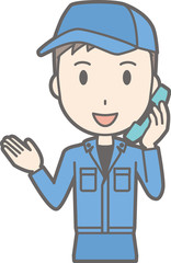 Illustration that men wearing work clothes are talking on the phone