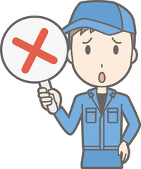Illustration that a man wearing work clothes has a tag of a cross