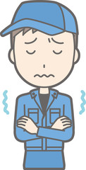 Illustration that a man wearing work clothes is cold and trembling