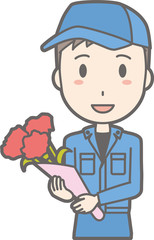 Illustration that a man wearing work clothes has a bunch of flowers