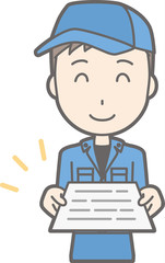 Illustration that a man wearing a work cloth presenting a document