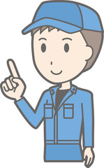 Illustration that a man wearing work clothes points at a finger