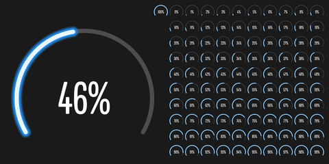 Fototapeta na wymiar Set of circular sector percentage diagrams from 0 to 100 ready-to-use for web design, user interface (UI) or infographic - indicator with neon blue