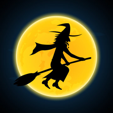 Halloween witch flying on broom and moon