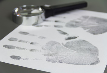 The investigation of the crime.  A fingerprint on a paper with a magnifying glass