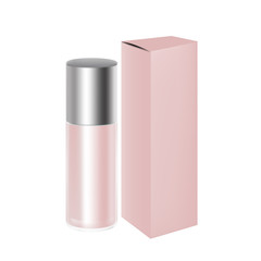 VECTOR PACKAGING: Peach wide round cosmetic/medicine bottle or container with box on isolated white background. Mock-up template ready for design