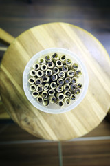Snack in bowl, Top view on the table
