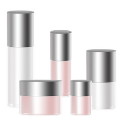 VECTOR PACKAGING: Pink and white gray of different size wide round cosmetic/medicine bottle or container with box on isolated white background. Mock-up template ready for design