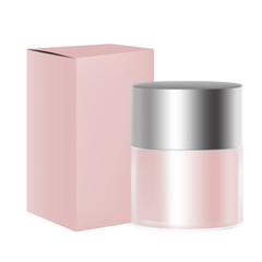 VECTOR PACKAGING: Pink wide round cosmetic/medicine bottle or container with box on isolated white background. Mock-up template ready for design