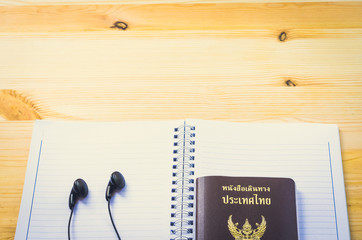 Accessories for traveler: passport earphone music and notebook