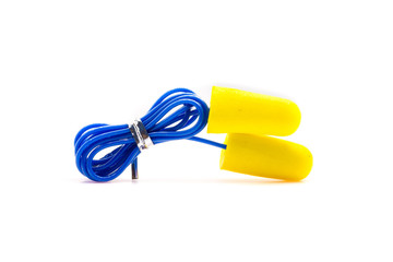 Yellow earplugs with blue band.