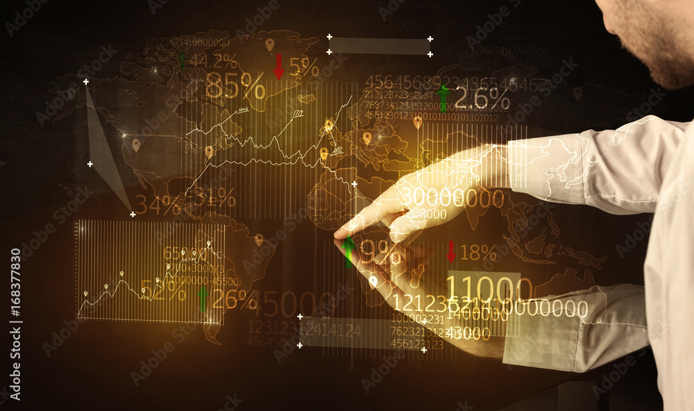 Poster Hands navigate on high tech smart table with business icons
