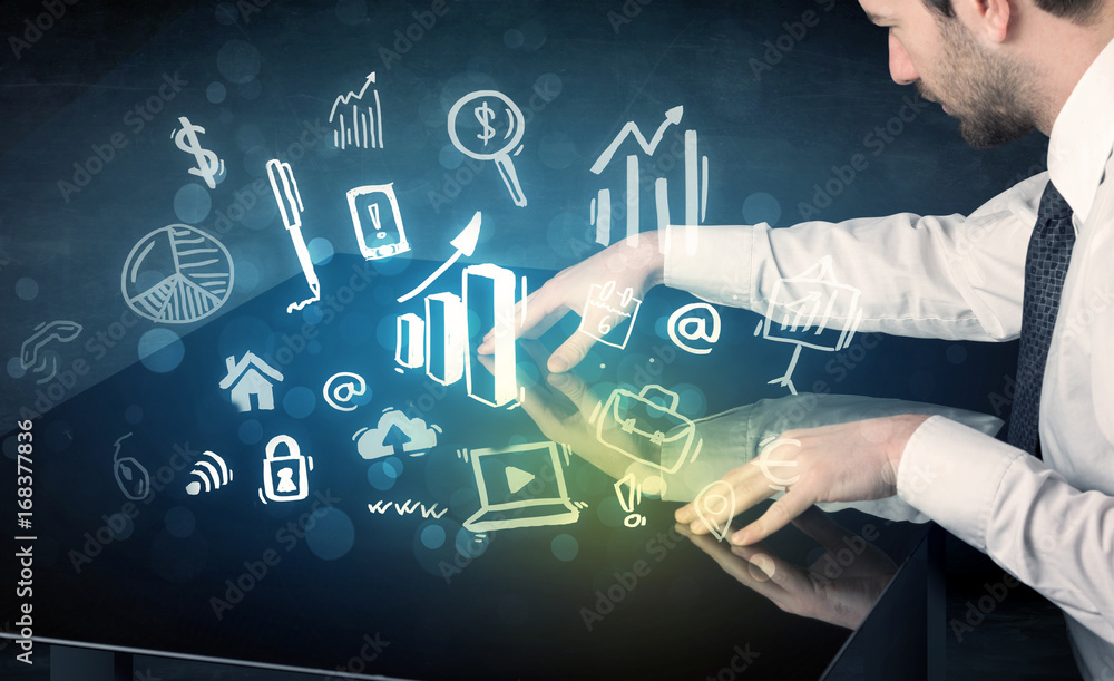 Poster Man touching technology smart table with business icons