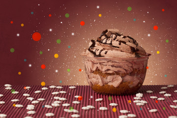 Sweet tasty cakes with colorful background and bokeh light