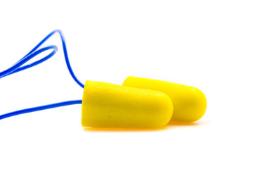 Yellow earplugs with blue band.