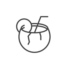 Coconut cocktail line icon, outline vector sign, linear style pictogram isolated on white. Tropical drink symbol, logo illustration. Editable stroke. Pixel perfect vector graphics