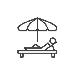 Sunbathe line icon, outline vector sign, linear style pictogram isolated on white. Parasol and sun lounger symbol, logo illustration. Editable stroke. Pixel perfect vector graphics