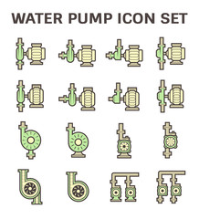 Vector icon of electric water pump and steel pipe for water distribution isolated on white background.