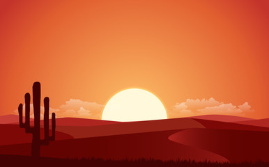 Vector flat landscape view with the night of desert. Illustration with the sunset view in the desert. or the website background