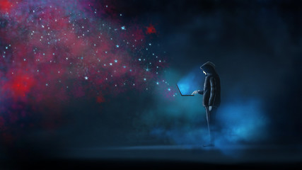 The hacker release the virus attack to online network. illustration digital painting artwork.