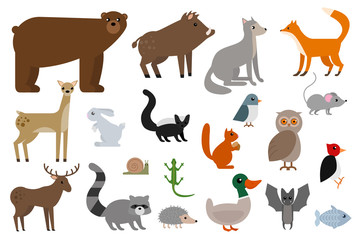 Wild animals elements collection, flat icons set