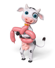 Cartoon character cow holds sausage 3d rendering
