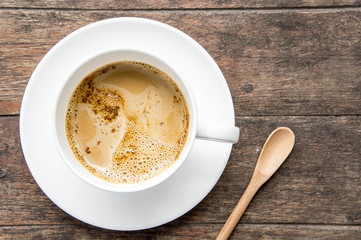 coffee time , instant coffee white cup on wood table , coffee break style on old wood and copy space