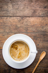coffee time , instant coffee white cup on wood table , coffee break style on old wood and copy space